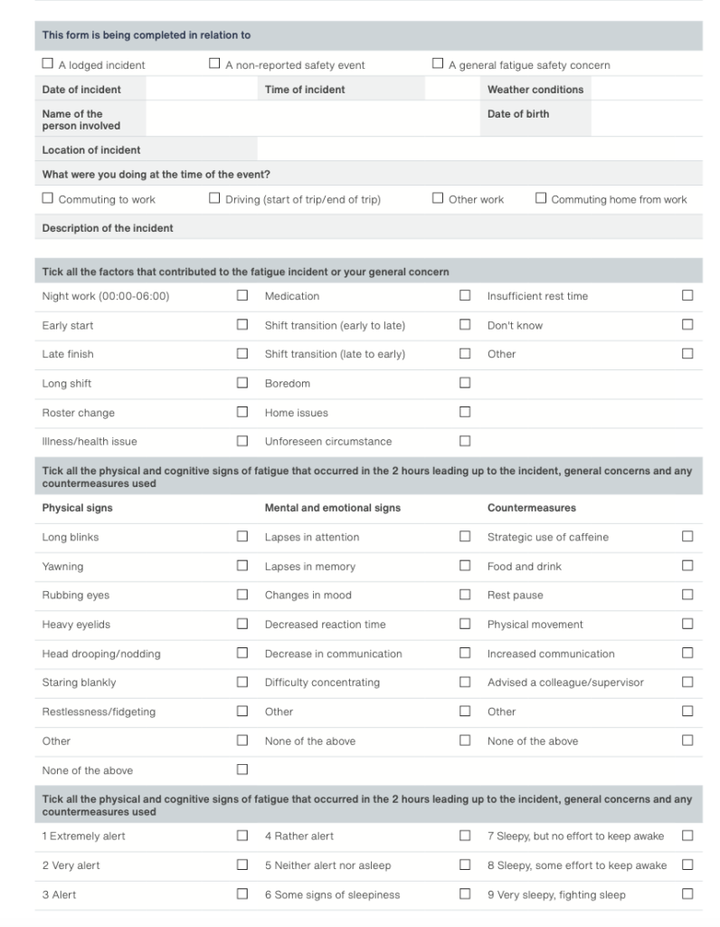 Fatigue Incident Report for Driver Fatigue Management Plan