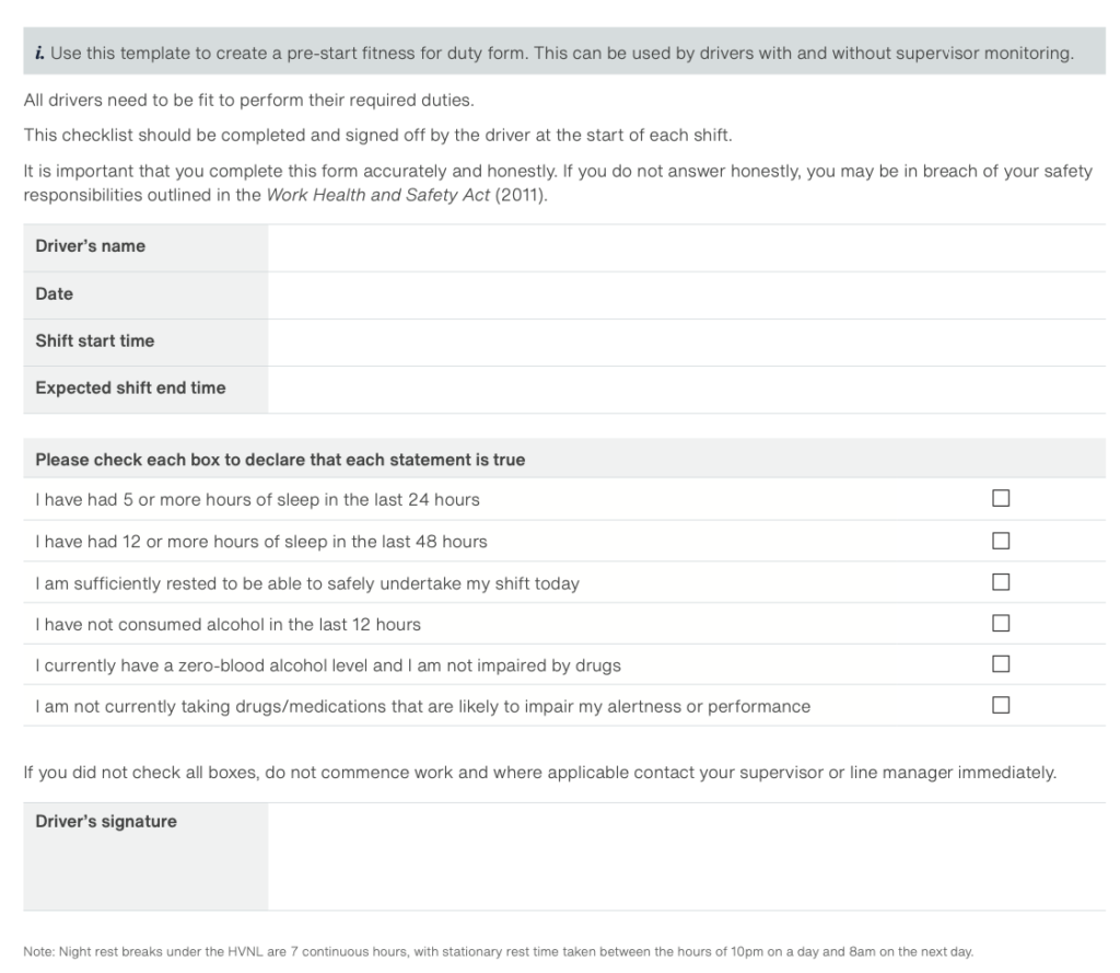 Template from Driver Fatigue Management Plan