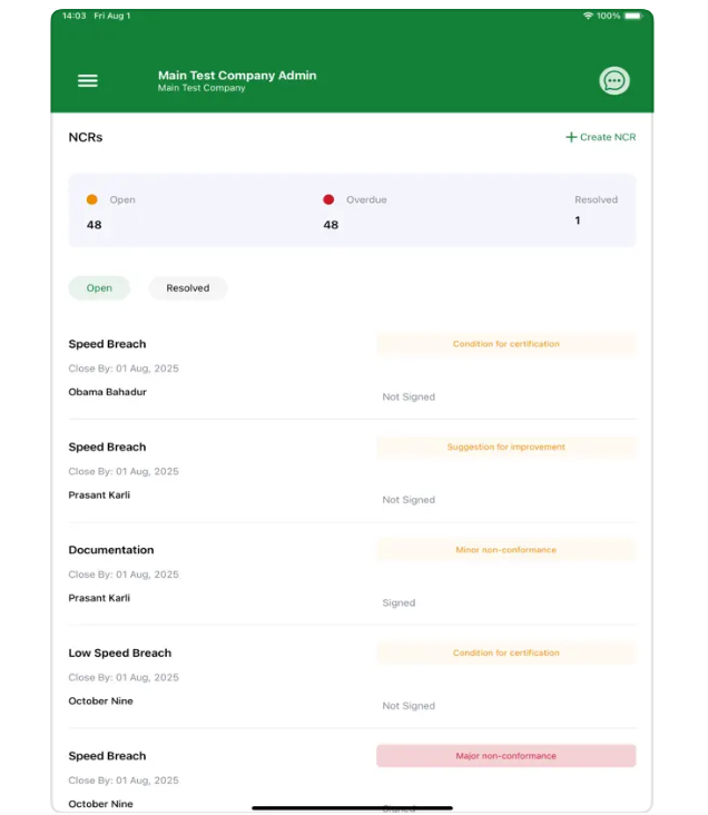 MV Operator App for Non-Conformance Report
